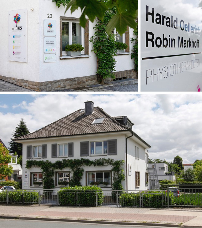 Praxis Gebäude außen und Praxisschilder Oellerich Physiotherapie